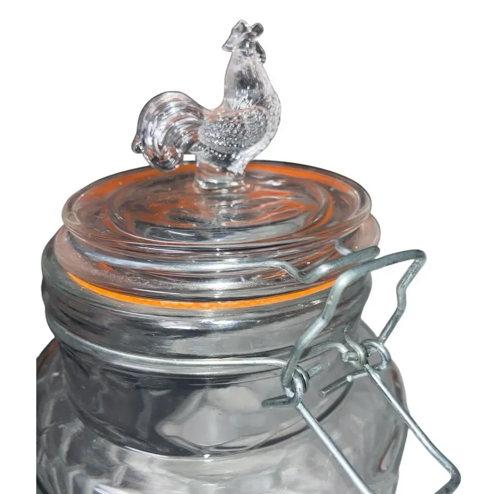 Clear Glass Rooster Top Finial Bail Lid Canister Honeycomb Farm Cottagecore 9